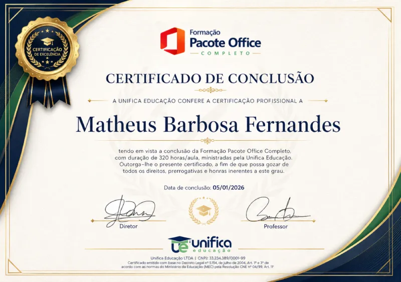 Certificado de 320 horas da Formação Pacote Office Completo